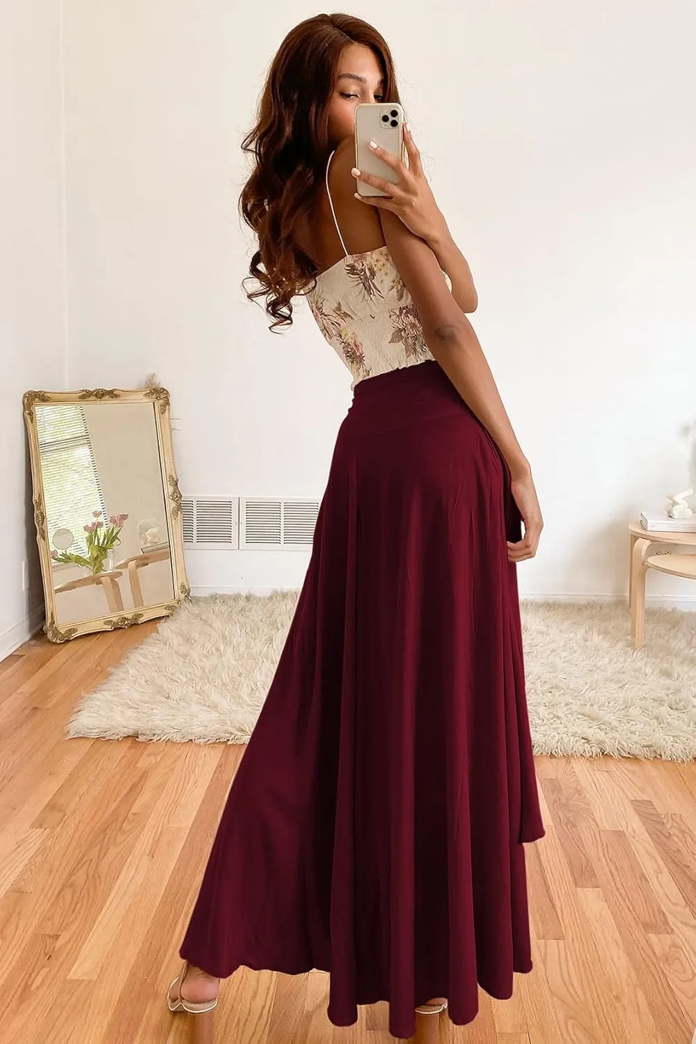 Womens High Waist Wrap Boho Maxi Skirt with Slit Flowy Pleated High Low Long Skirt