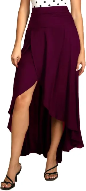 Womens High Waist Wrap Boho Maxi Skirt with Slit Flowy Pleated High Low Long Skirt