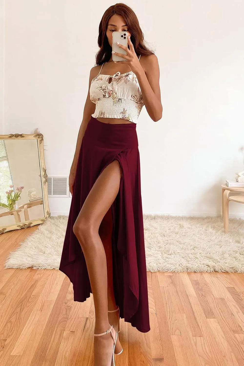 Womens High Waist Wrap Boho Maxi Skirt with Slit Flowy Pleated High Low Long Skirt