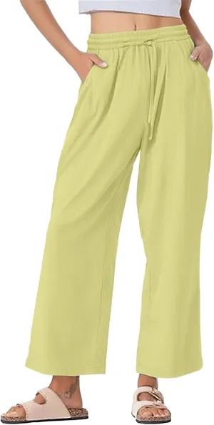 Womens Linen Pants Wide Leg Drawstring Elastic High Waist Loose Pant Lounge Casual Plus Size Summer Beach Trousers