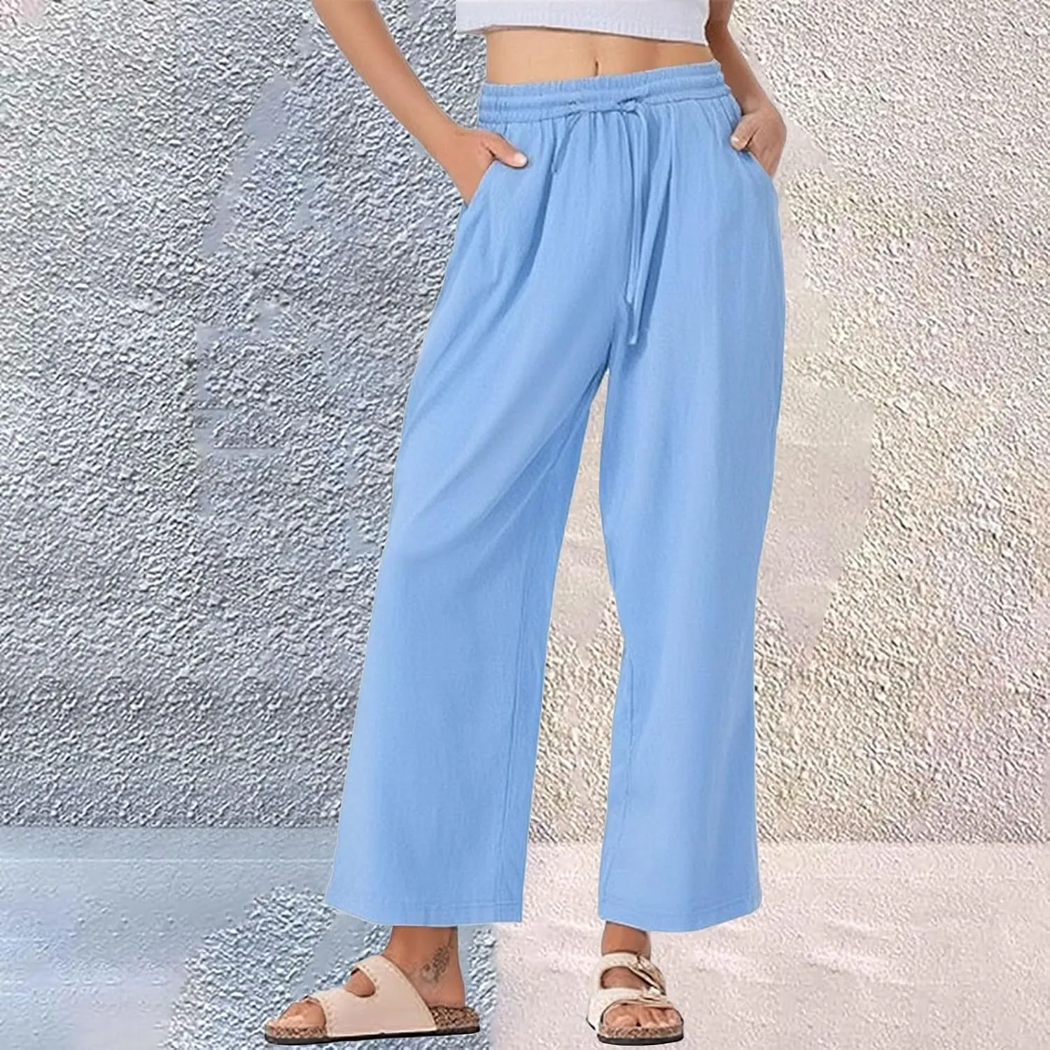 Womens Linen Pants Wide Leg Drawstring Elastic High Waist Loose Pant Lounge Casual Plus Size Summer Beach Trousers