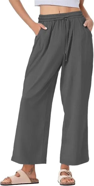 Womens Linen Pants Wide Leg Drawstring Elastic High Waist Loose Pant Lounge Casual Plus Size Summer Beach Trousers