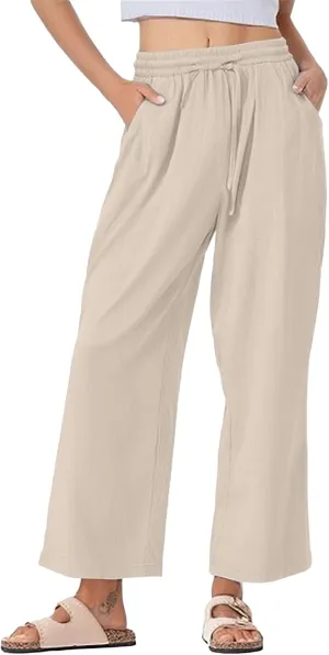 Womens Linen Pants Wide Leg Drawstring Elastic High Waist Loose Pant Lounge Casual Plus Size Summer Beach Trousers