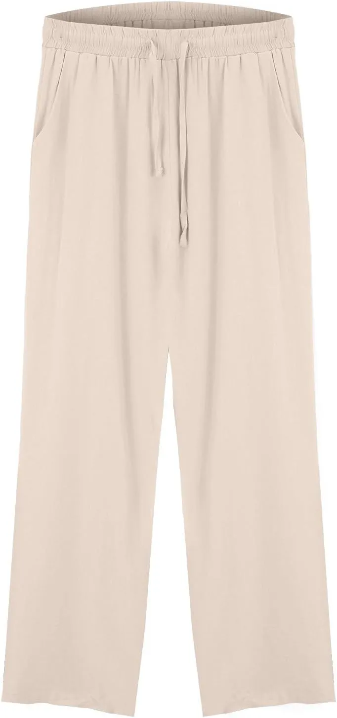 Womens Linen Pants Wide Leg Drawstring Elastic High Waist Loose Pant Lounge Casual Plus Size Summer Beach Trousers