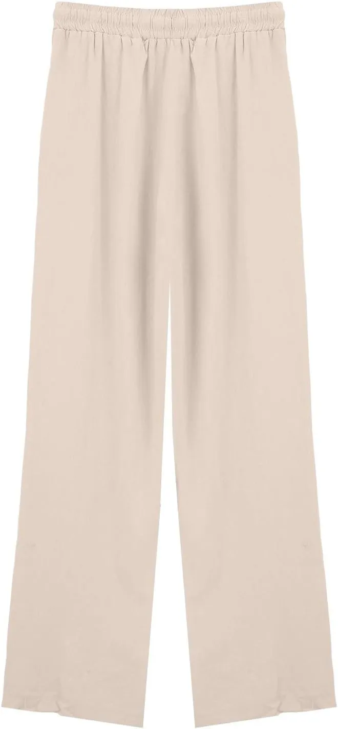 Womens Linen Pants Wide Leg Drawstring Elastic High Waist Loose Pant Lounge Casual Plus Size Summer Beach Trousers