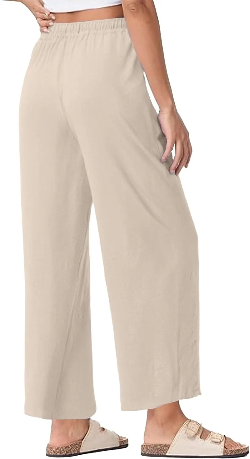 Womens Linen Pants Wide Leg Drawstring Elastic High Waist Loose Pant Lounge Casual Plus Size Summer Beach Trousers
