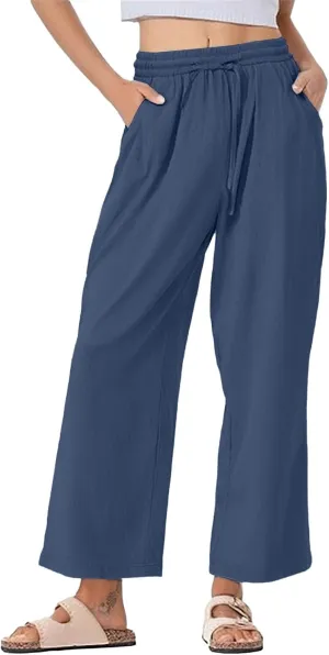 Womens Linen Pants Wide Leg Drawstring Elastic High Waist Loose Pant Lounge Casual Plus Size Summer Beach Trousers