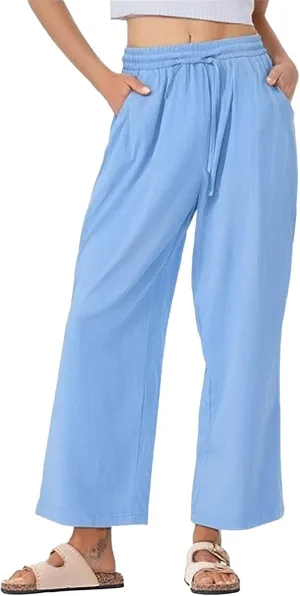 Womens Linen Pants Wide Leg Drawstring Elastic High Waist Loose Pant Lounge Casual Plus Size Summer Beach Trousers