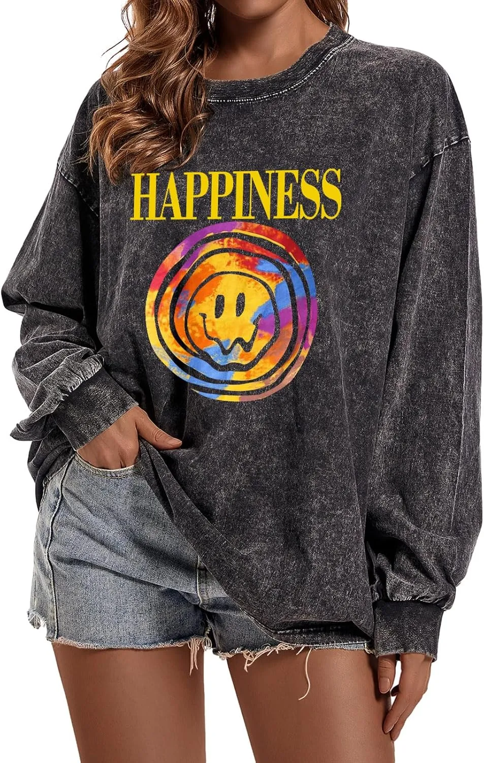 Women's Oversized Graphic Pink Sweatshirt Preppy Aesthetic Smile Face Shirts for Teen Girls Long Sleeve Pullover Top