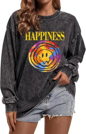 Women's Oversized Graphic Pink Sweatshirt Preppy Aesthetic Smile Face Shirts for Teen Girls Long Sleeve Pullover Top