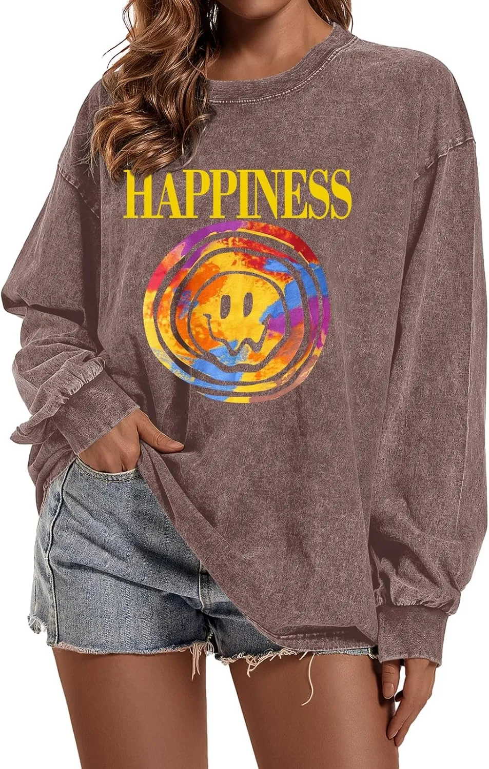 Women's Oversized Graphic Pink Sweatshirt Preppy Aesthetic Smile Face Shirts for Teen Girls Long Sleeve Pullover Top