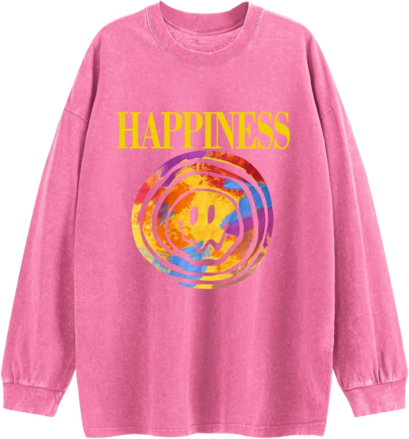 Women's Oversized Graphic Pink Sweatshirt Preppy Aesthetic Smile Face Shirts for Teen Girls Long Sleeve Pullover Top
