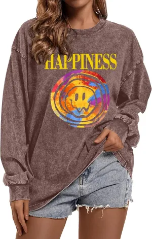 Women's Oversized Graphic Pink Sweatshirt Preppy Aesthetic Smile Face Shirts for Teen Girls Long Sleeve Pullover Top