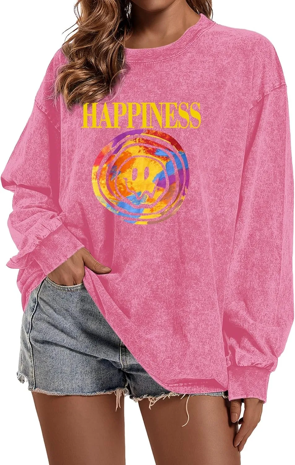 Women's Oversized Graphic Pink Sweatshirt Preppy Aesthetic Smile Face Shirts for Teen Girls Long Sleeve Pullover Top