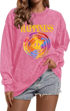 Women's Oversized Graphic Pink Sweatshirt Preppy Aesthetic Smile Face Shirts for Teen Girls Long Sleeve Pullover Top