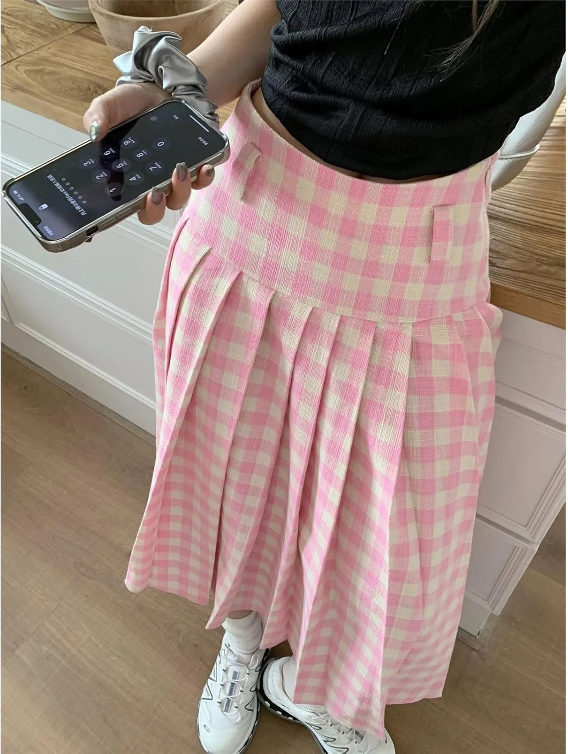 Women's Pink Checkered midi Skirt, high Waisted Pleated Skirt, Checkered Half Length Skirt