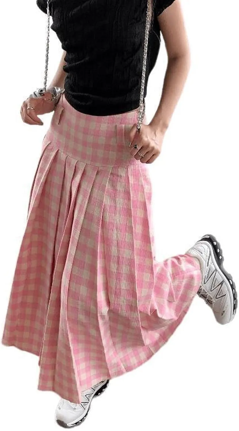 Women's Pink Checkered midi Skirt, high Waisted Pleated Skirt, Checkered Half Length Skirt