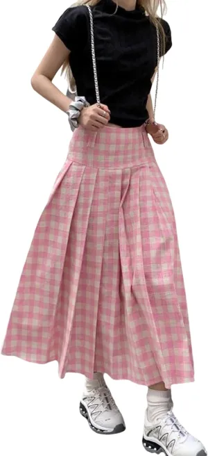 Women's Pink Checkered midi Skirt, high Waisted Pleated Skirt, Checkered Half Length Skirt