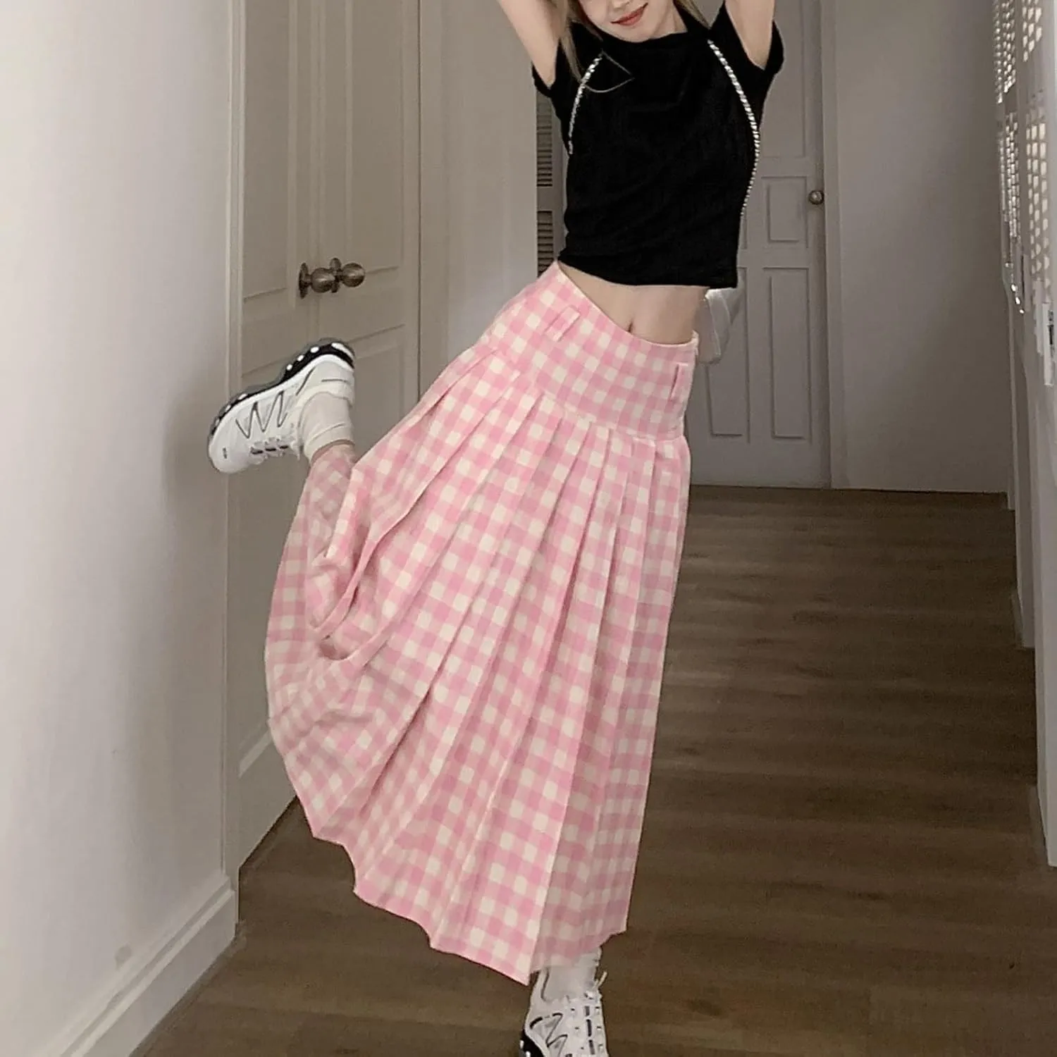Women's Pink Checkered midi Skirt, high Waisted Pleated Skirt, Checkered Half Length Skirt