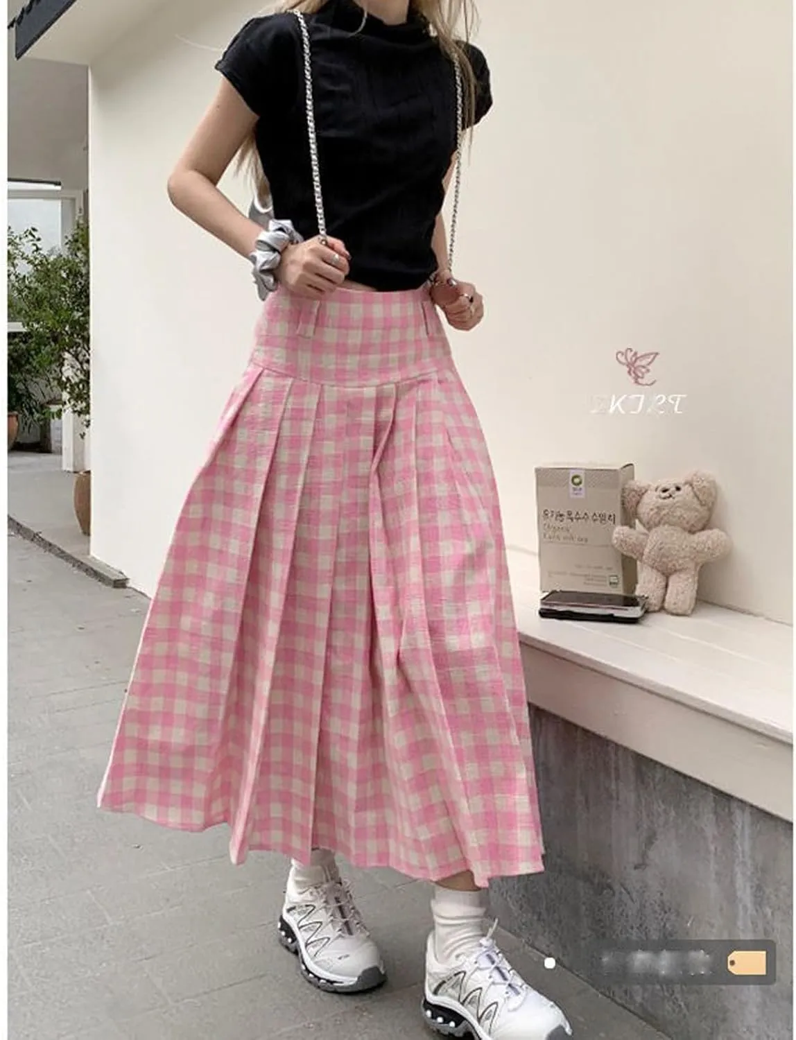 Women's Pink Checkered midi Skirt, high Waisted Pleated Skirt, Checkered Half Length Skirt