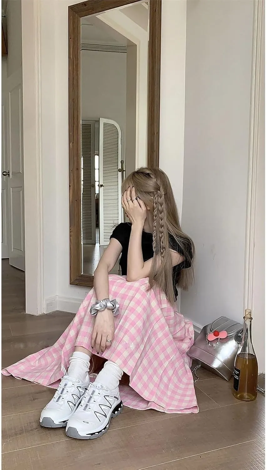 Women's Pink Checkered midi Skirt, high Waisted Pleated Skirt, Checkered Half Length Skirt