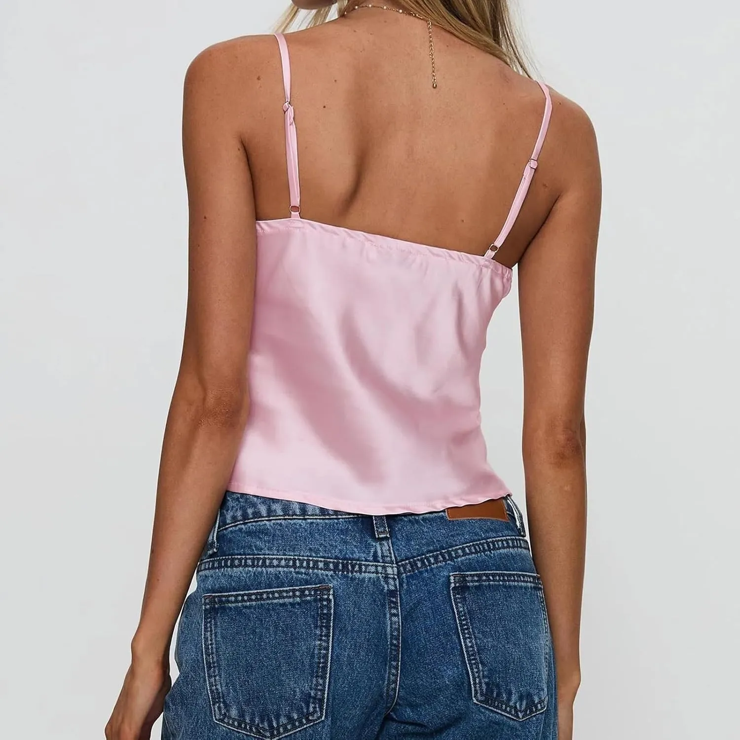 Women's Satin Silk Cami Tops Y2K Going Out Crop Top Spaghetti Strap Ruched Bust Lace Trim Tank Tops