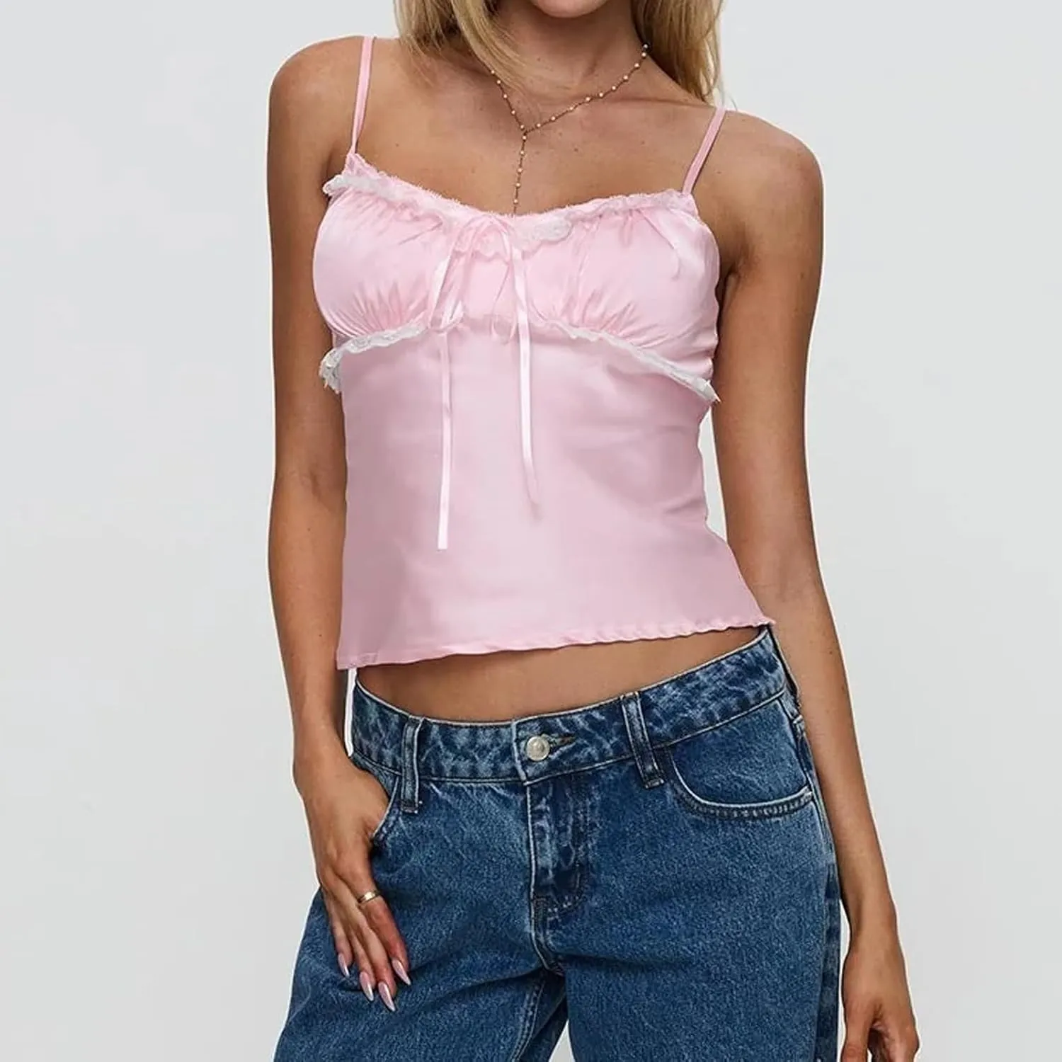Women's Satin Silk Cami Tops Y2K Going Out Crop Top Spaghetti Strap Ruched Bust Lace Trim Tank Tops