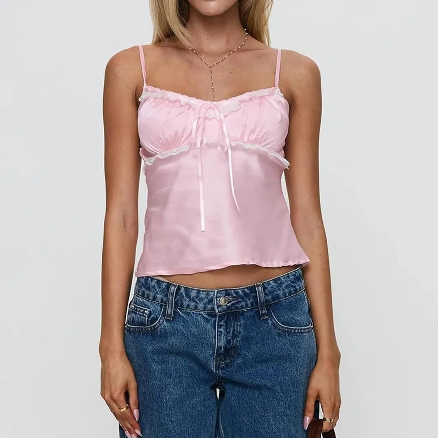 Women's Satin Silk Cami Tops Y2K Going Out Crop Top Spaghetti Strap Ruched Bust Lace Trim Tank Tops