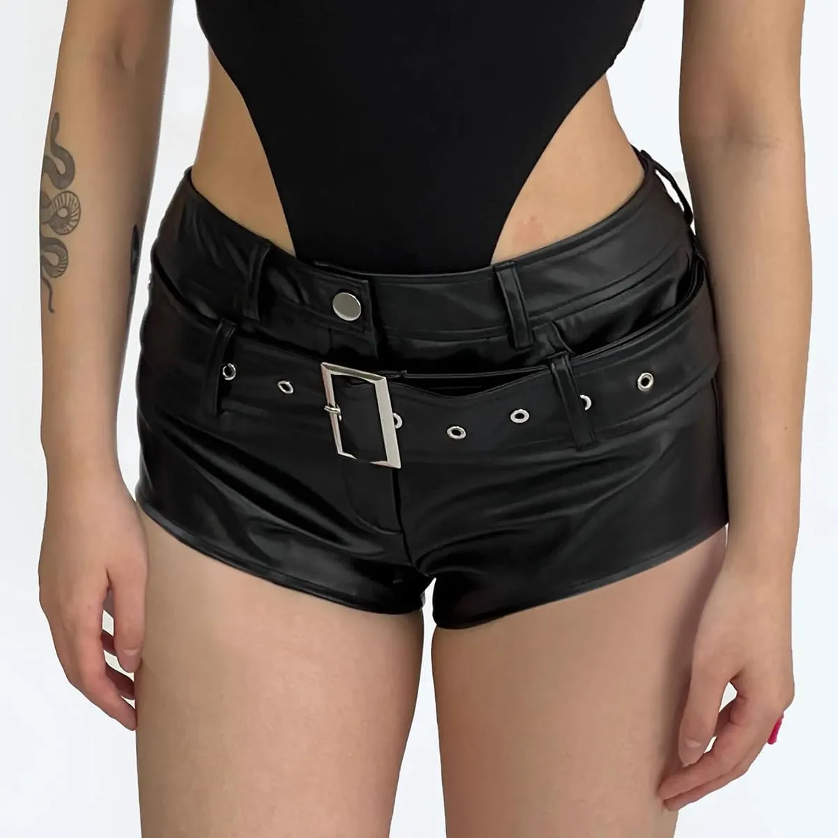 Womens Sexy High-Waisted Faux Leather Shorts Black PU Leather