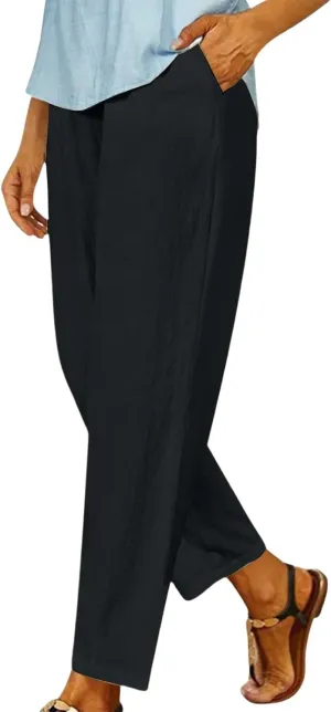 Women's Solid Cotton Linen Straight Pants Casual Loose Elastic Waist Wide Leg Trousers Summer Lounge Palazzo Beach Pants