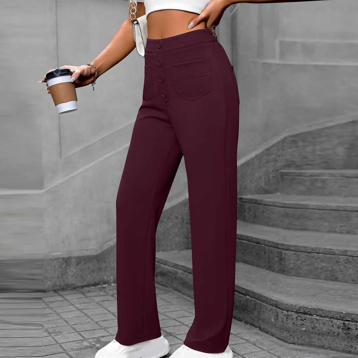Women's Spring 2025 Pants Casual High Waist Straight Leg Pant Business Button Down Work Pants Trousers with Pockets