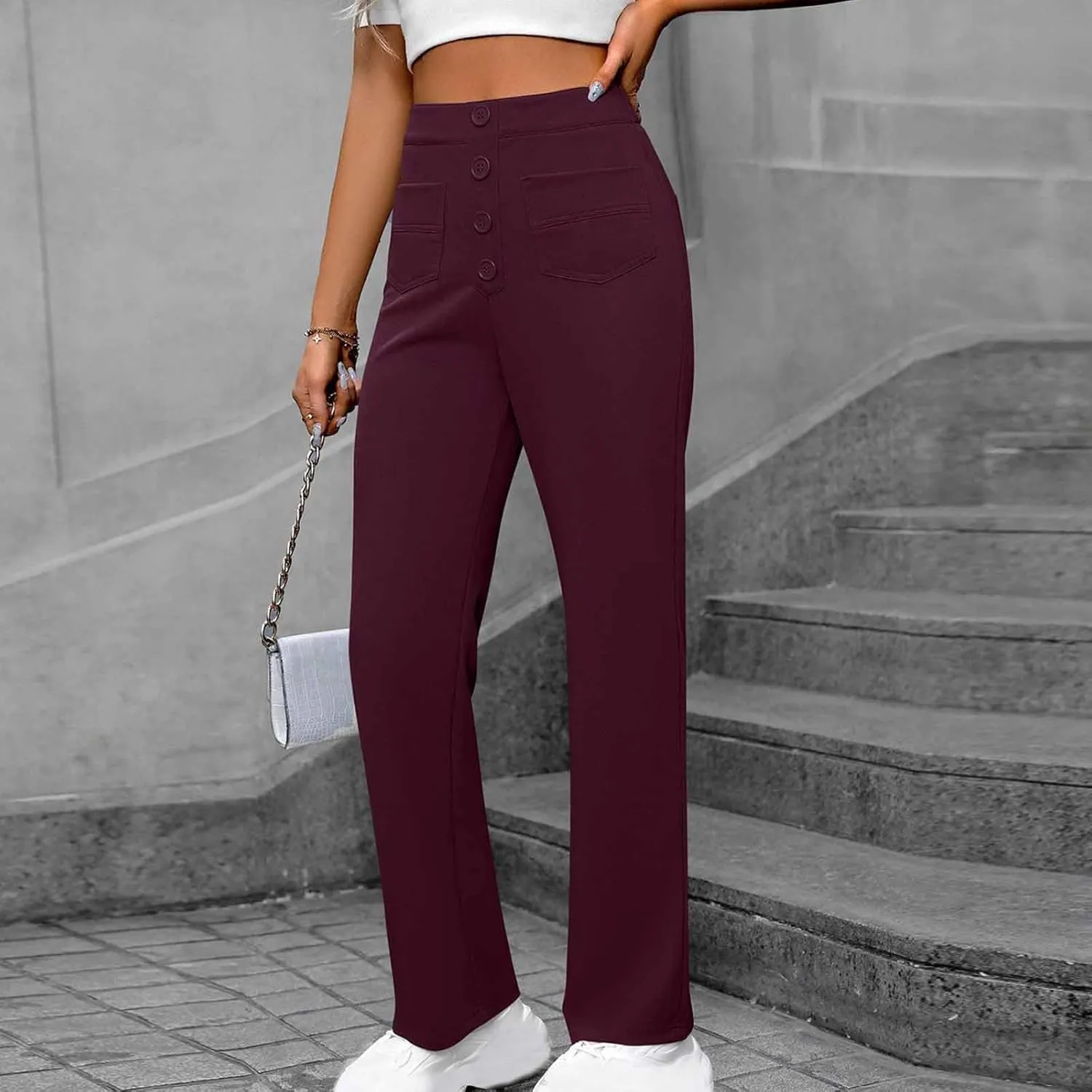 Women's Spring 2025 Pants Casual High Waist Straight Leg Pant Business Button Down Work Pants Trousers with Pockets