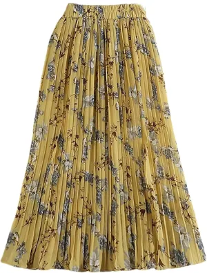 Women's Spring Summer Vintage Floral Print Pleated Skirt High Waist Beach Midi Skirts