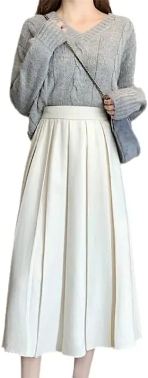 Women's Stylish Pleated Midi Skirt High Waist A-Line Solid Skirt