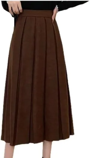 Women's Stylish Pleated Midi Skirt High Waist A-Line Solid Skirt