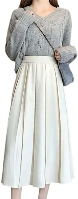 Women's Stylish Pleated Midi Skirt High Waist A-Line Solid Skirt