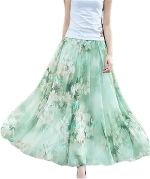 Womens Summer High Waist Skirts Spring Elastic Waist Midi Full Long Print Dance Skirts Swing Chiffon Skirt