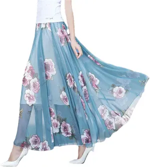 Womens Summer High Waist Skirts Spring Elastic Waist Midi Full Long Print Dance Skirts Swing Chiffon Skirt