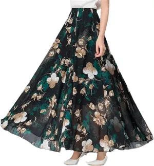 Womens Summer High Waist Skirts Spring Elastic Waist Midi Full Long Print Dance Skirts Swing Chiffon Skirt