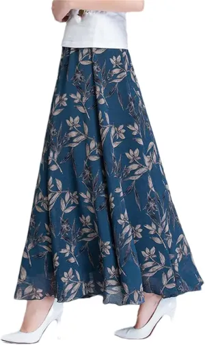 Womens Summer High Waist Skirts Spring Elastic Waist Midi Full Long Print Dance Skirts Swing Chiffon Skirt