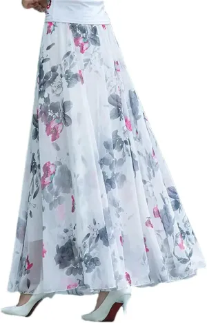 Womens Summer High Waist Skirts Spring Elastic Waist Midi Full Long Print Dance Skirts Swing Chiffon Skirt