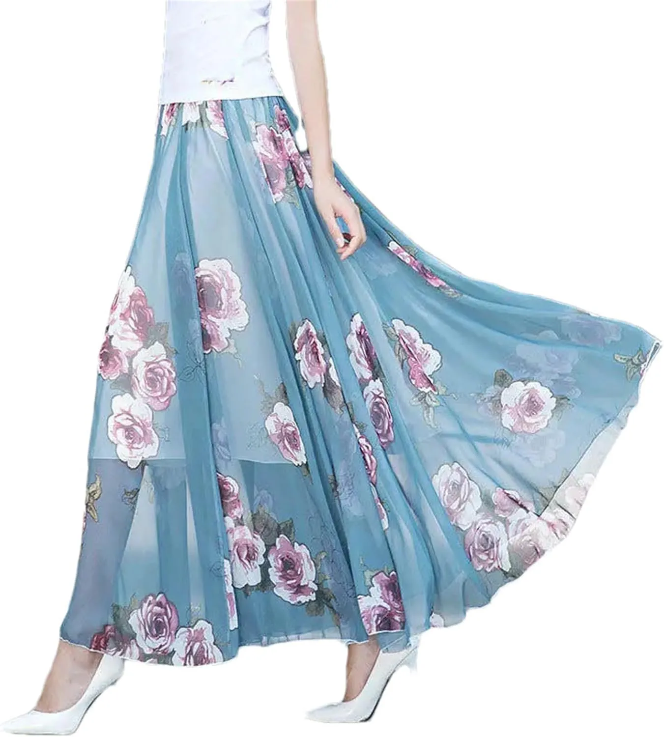 Womens Summer High Waist Skirts Spring Elastic Waist Midi Full Long Print Dance Skirts Swing Chiffon Skirt
