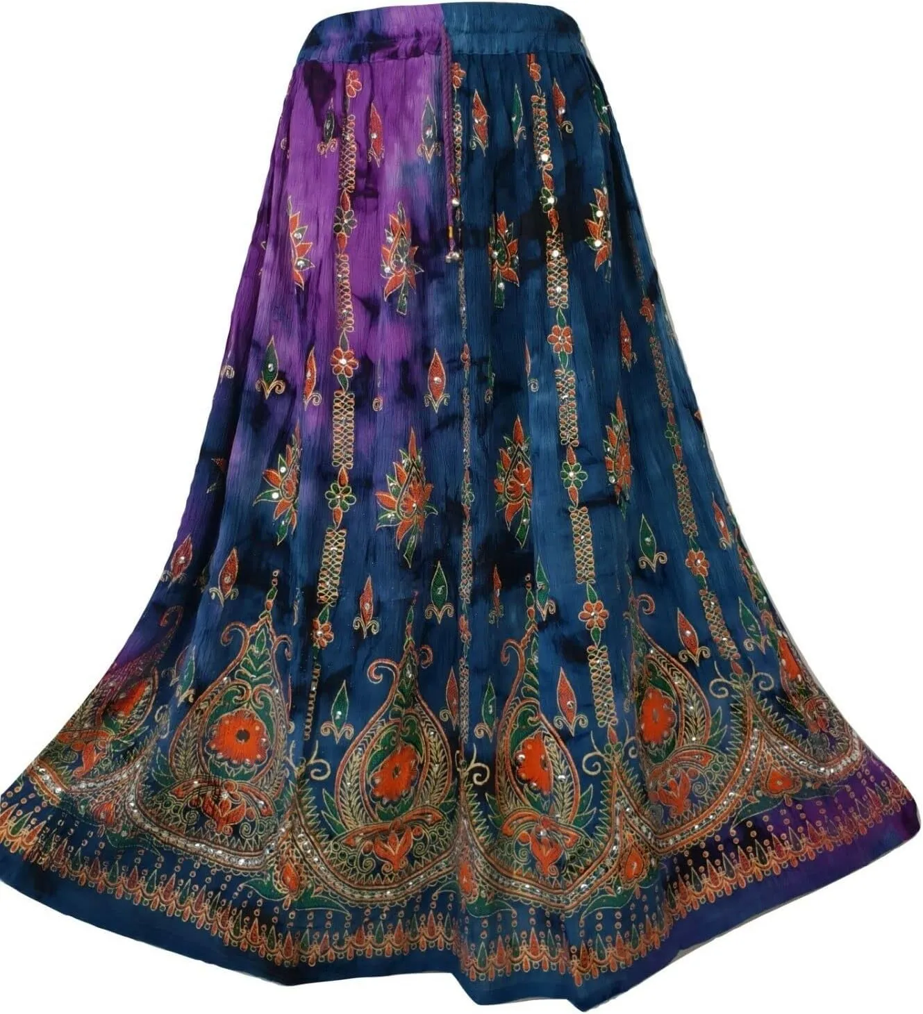 Women's Tie Dye Yoga Trend Sequined Crinkle Broomstick Gypsy Long Skirt