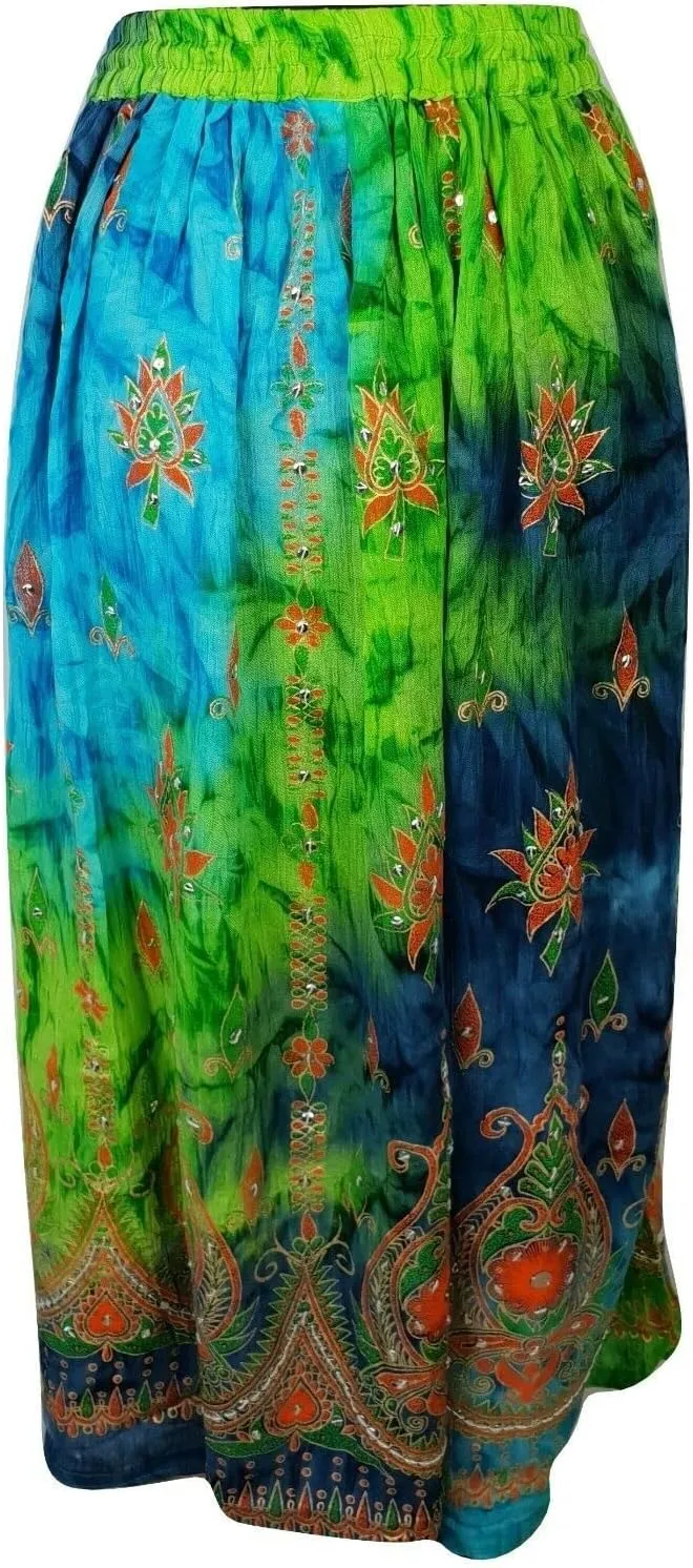 Women's Tie Dye Yoga Trend Sequined Crinkle Broomstick Gypsy Long Skirt