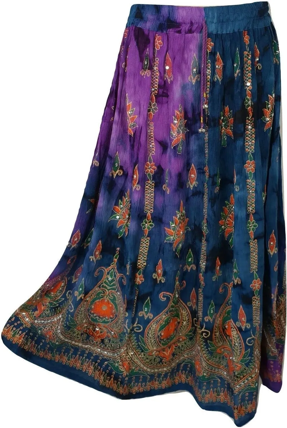 Women's Tie Dye Yoga Trend Sequined Crinkle Broomstick Gypsy Long Skirt