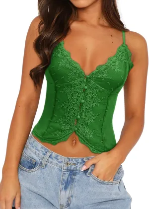 Women's Trendy Sexy Embroidered Lace Sleeveless V Neck Spaghetti Strap Cami Tank Top Boho Going Out Camisole Tops