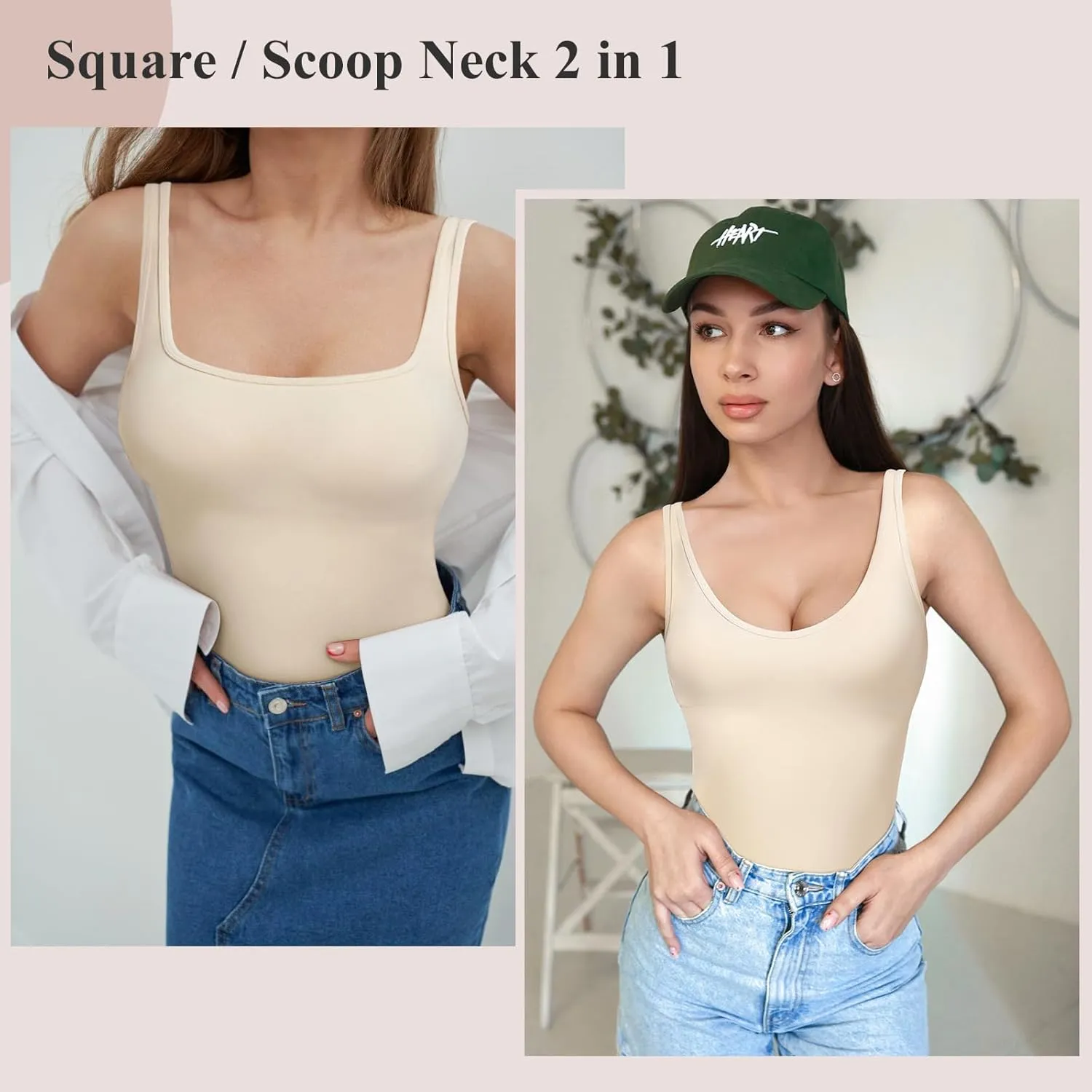 Women's Tummy Control Shapewear Tank Tops Seamless Square/Scoop Neck Compression Body Shaper Camisole