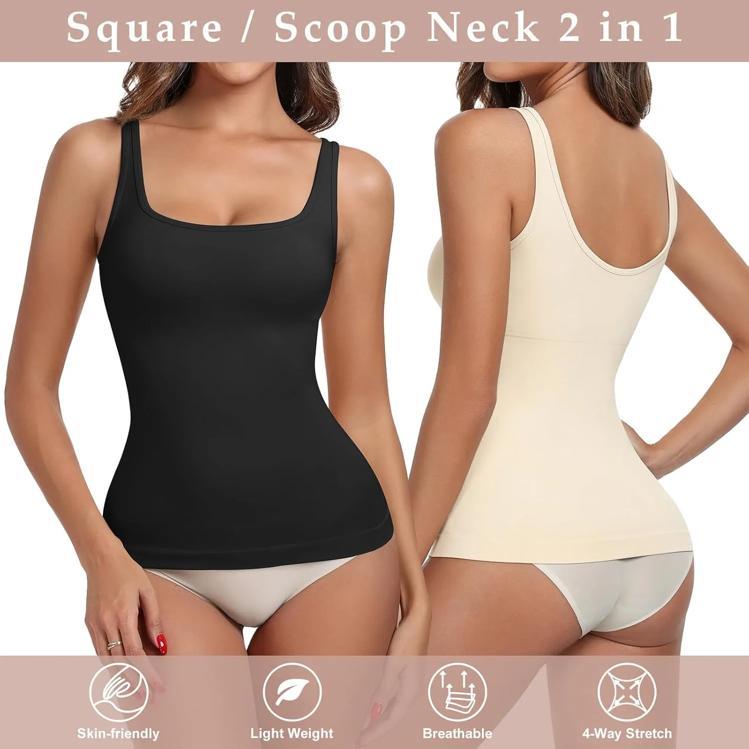 Women's Tummy Control Shapewear Tank Tops Seamless Square/Scoop Neck Compression Body Shaper Camisole
