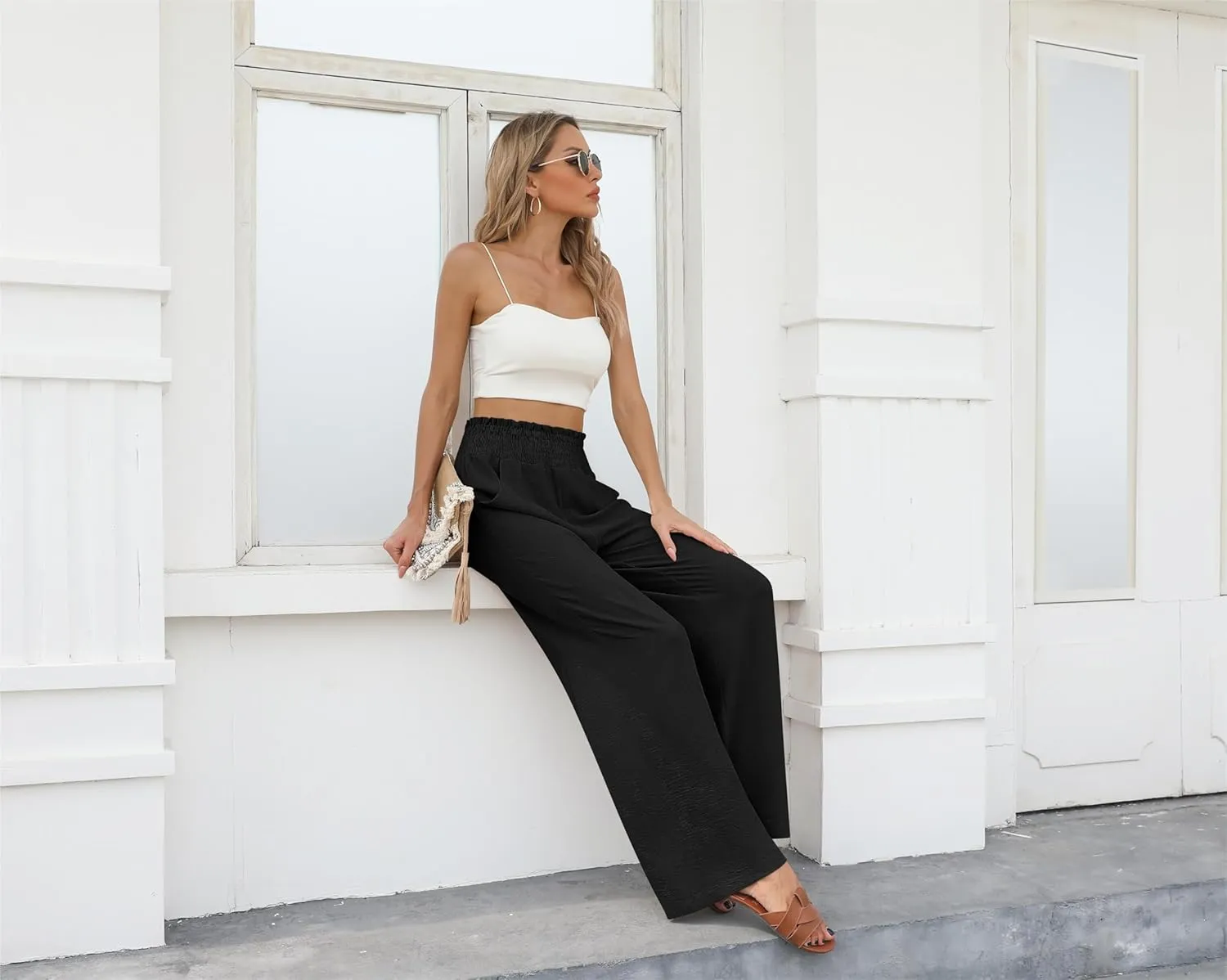 Womens Wide Leg Lounge Pants Smocked Elastic Waisted Loose Flowy Palazzo Beach Vacation Summer Casual Wear 2025