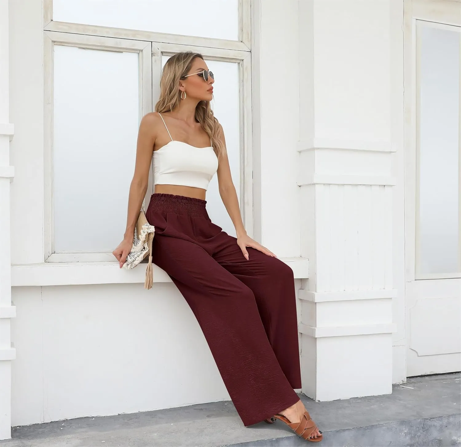 Womens Wide Leg Lounge Pants Smocked Elastic Waisted Loose Flowy Palazzo Beach Vacation Summer Casual Wear 2025